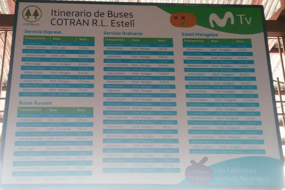 Tablero de itinerarios de buses en la COTRAN Sur de Estelí